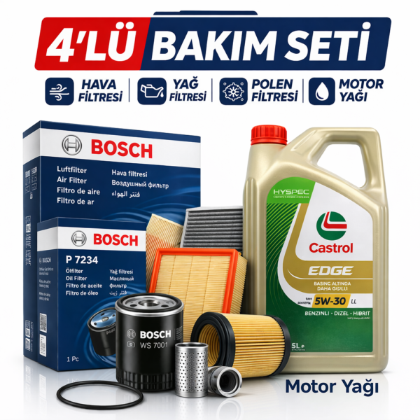BOSCH Mercedes C250 Benzin Castrol Edge 5W-30 6 Lt Motor Yağı Filtre Seti (2010-2014) 4 Lü